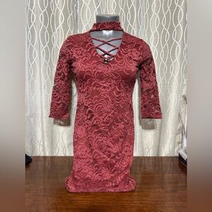 Street Wear Society Rust Lace Overlay Dress Choker Lattice Lace Up Body Con